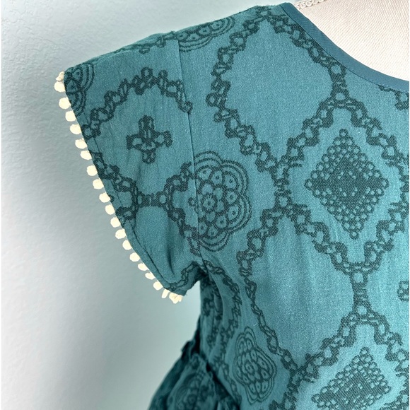 THML Blouse Size Small Emerald Green Peplum Pom Pom Trim Tassel Back Tie - Picture 3 of 10